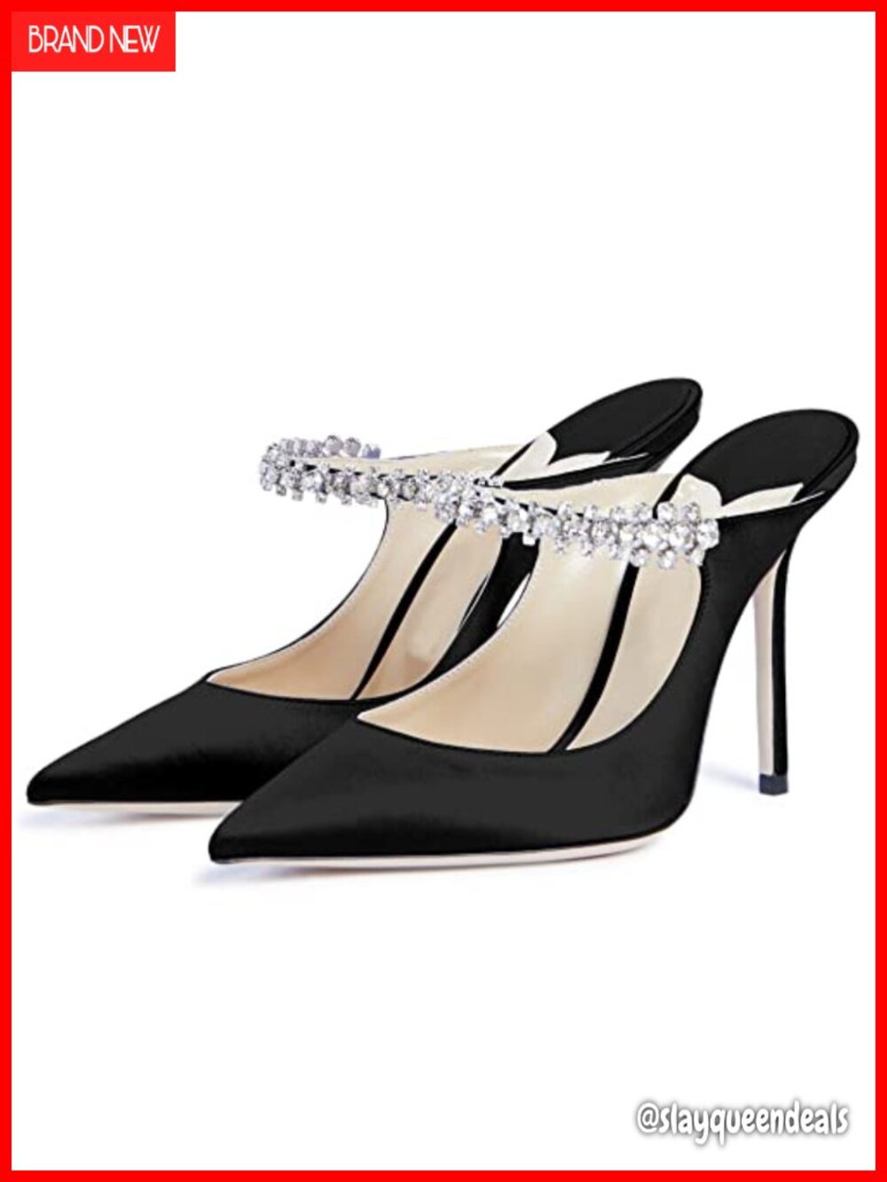 JANSEVEN Women's Mules Pointy Toe 4 Inch Stiletto Rhinestone Slip On Wedding